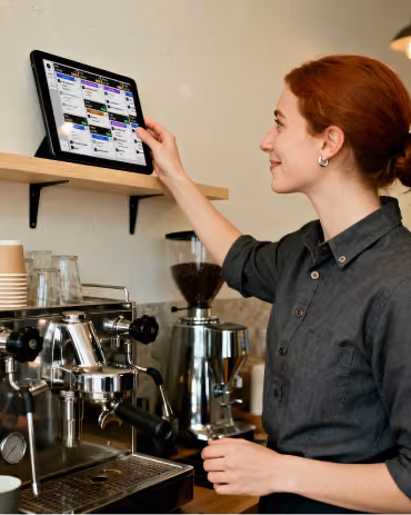 Barista using a Fresh KDS screen mounted above an espresso machine in a coffee shop.