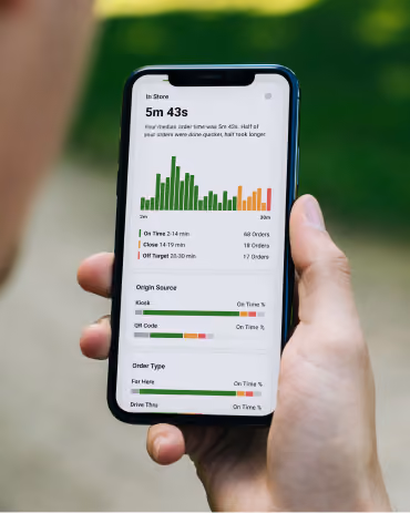 Hand holding a phone showing delivery time analytics and order stats in the On The Fly app.