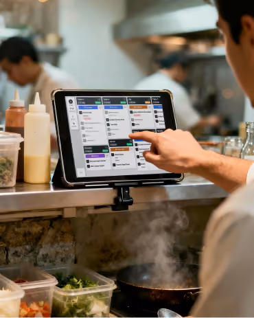 Chef managing orders on a Fresh KDS screen mounted on a kitchen counter in a busy restaurant.