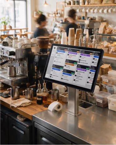 Fresh KDS screen displaying a digital order board on a café counter, with coffee equipment and staff nearby.