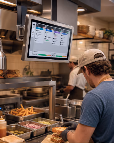 Worker assembling burgers beneath an overhead Order Tracker screen displaying order details.