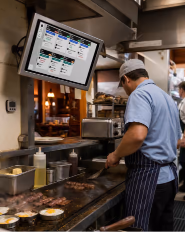 Line cook in a striped apron grilling burgers and eggs on a flat-top grill in a restaurant kitchen.