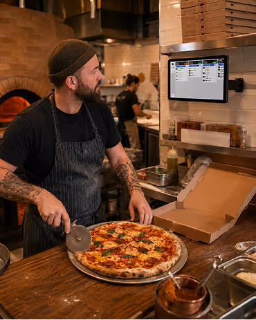 Chef in an apron and beanie slicing a pepperoni pizza in a commercial kitchen, with a Fresh KDS screen mounted on the wall.