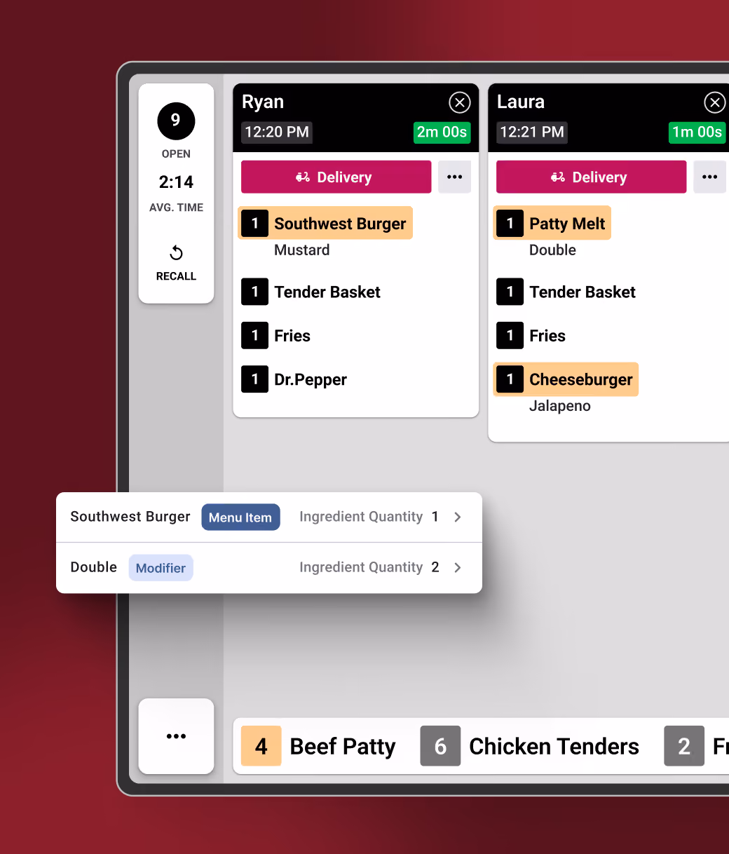 Fresh KDS order screen with open tickets for Ryan and Laura, including delivery orders and prep timers.