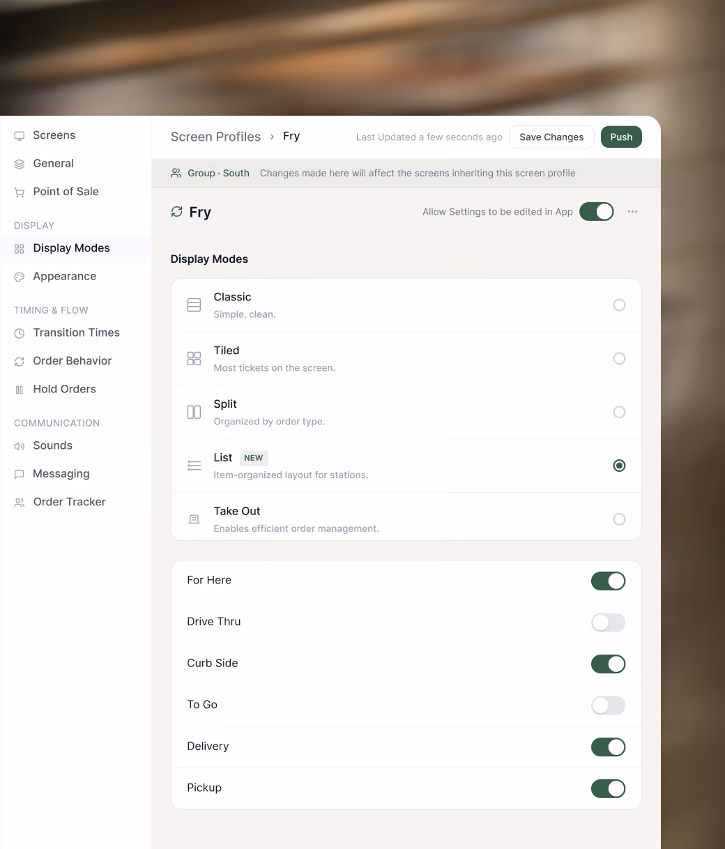 Fresh KDS Governance settings for a Fry station profile, with Classic and List display modes and order-type toggles.