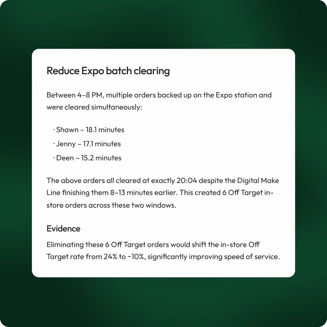 Fresh KDS insight recommending shorter Expo batch-clearing times to improve order speed.