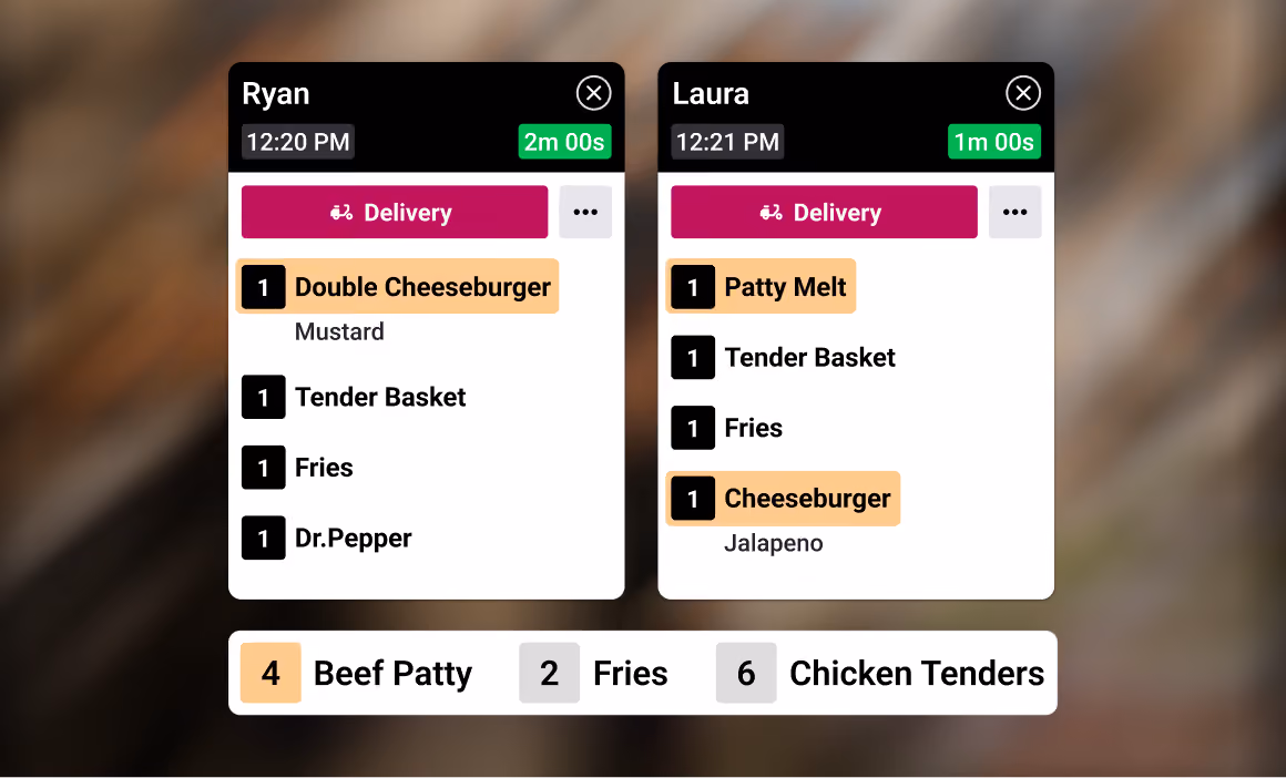 Kitchen display showing open orders with ingredient totals, including 4 beef patties, 2 fries, and 6 chicken tenders.