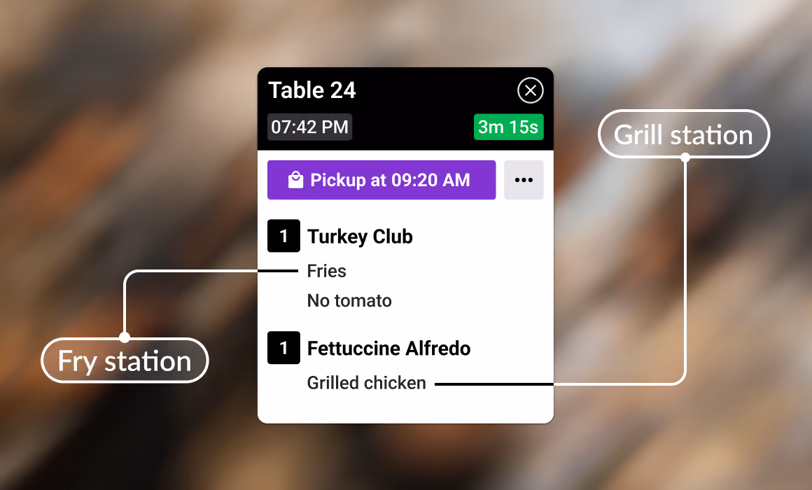 Restaurant kitchen staff working with visual overlay showing communication between Station 1, Station 2, and Station 3.