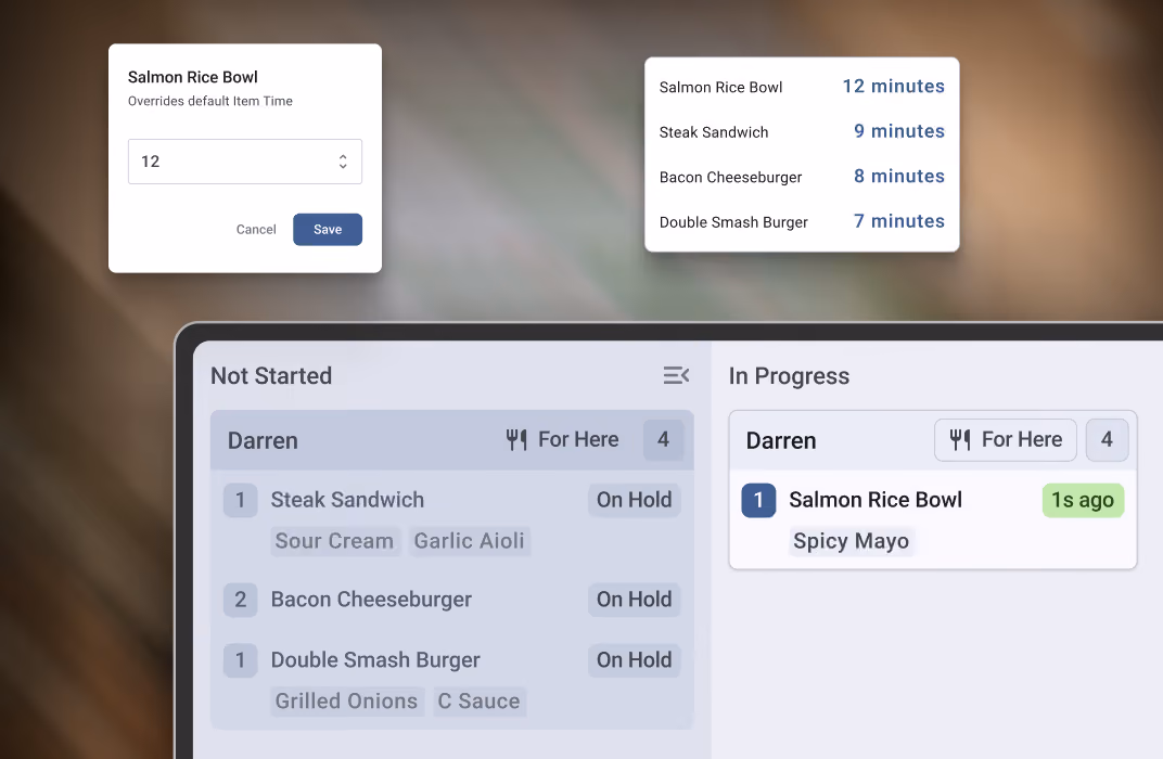 User interface showing kitchen order management system with two sections: 'Not Started' listing three pending orders (Steak Sandwich, Bacon Cheeseburger, Double Smash Burger) all on hold, and 'In Progress' showing one order (Salmon Rice Bowl with Spicy Mayo) being prepared since 1 second ago. Popups display overriding item time set to 12 minutes for Salmon Rice Bowl, and a list of default cooking times for items from 7 to 12 minutes.