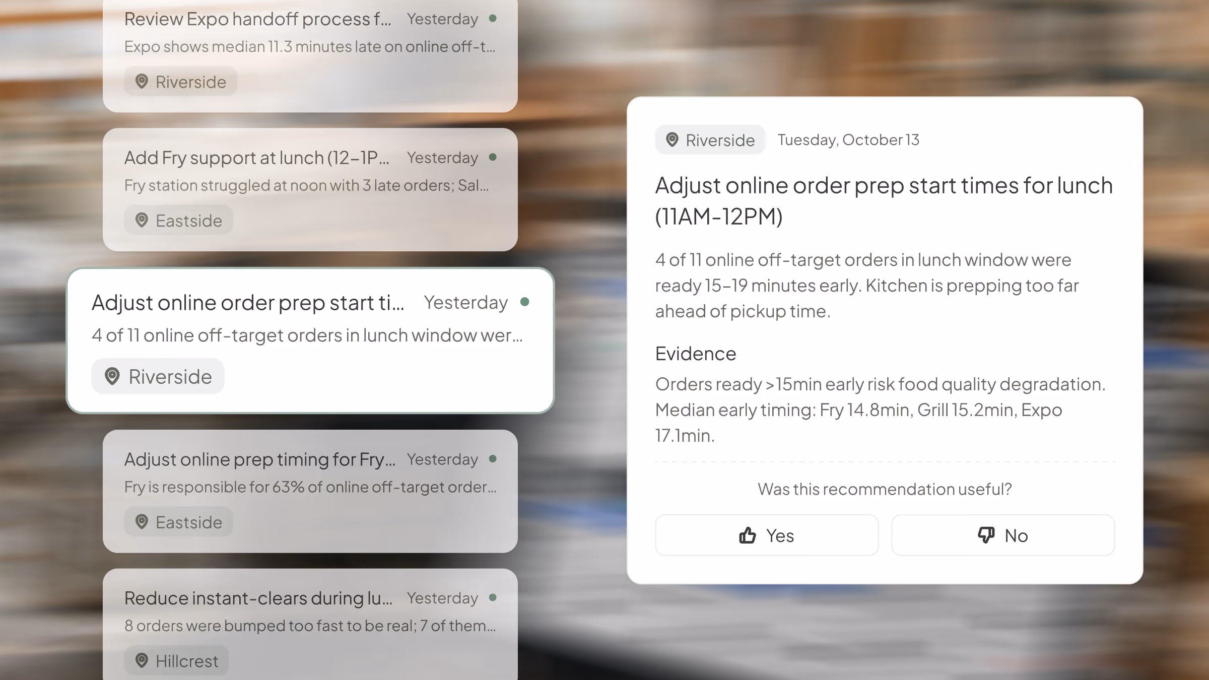 Fresh KDS Performance view of item prep times and station queue depths, with typical and longest times.