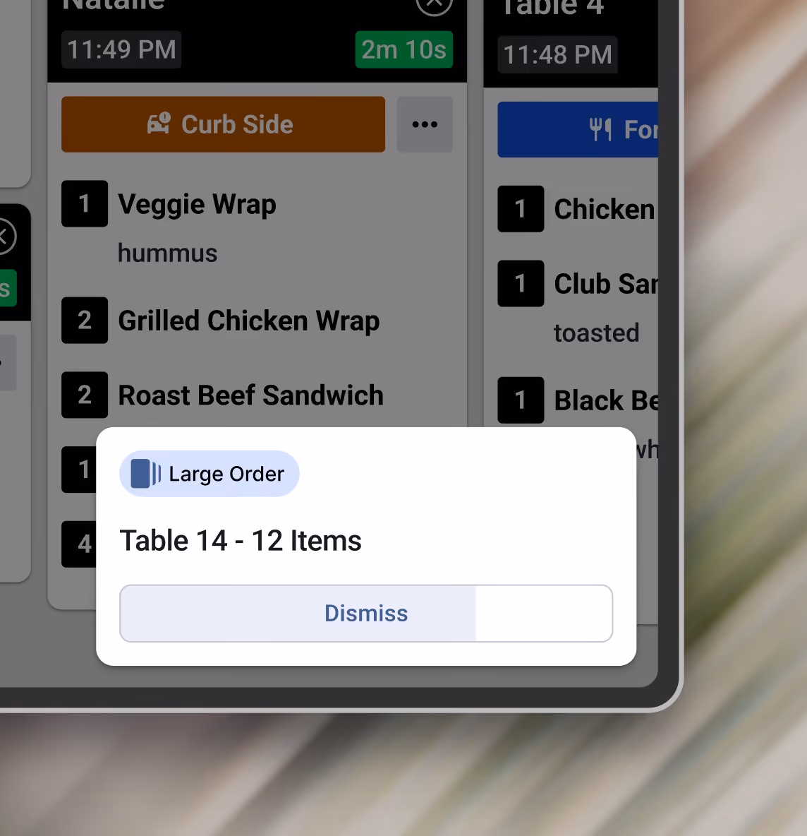 A Large Order alert on a Fresh KDS screen for Table 14 with 12 items, with a Dismiss button that counts down