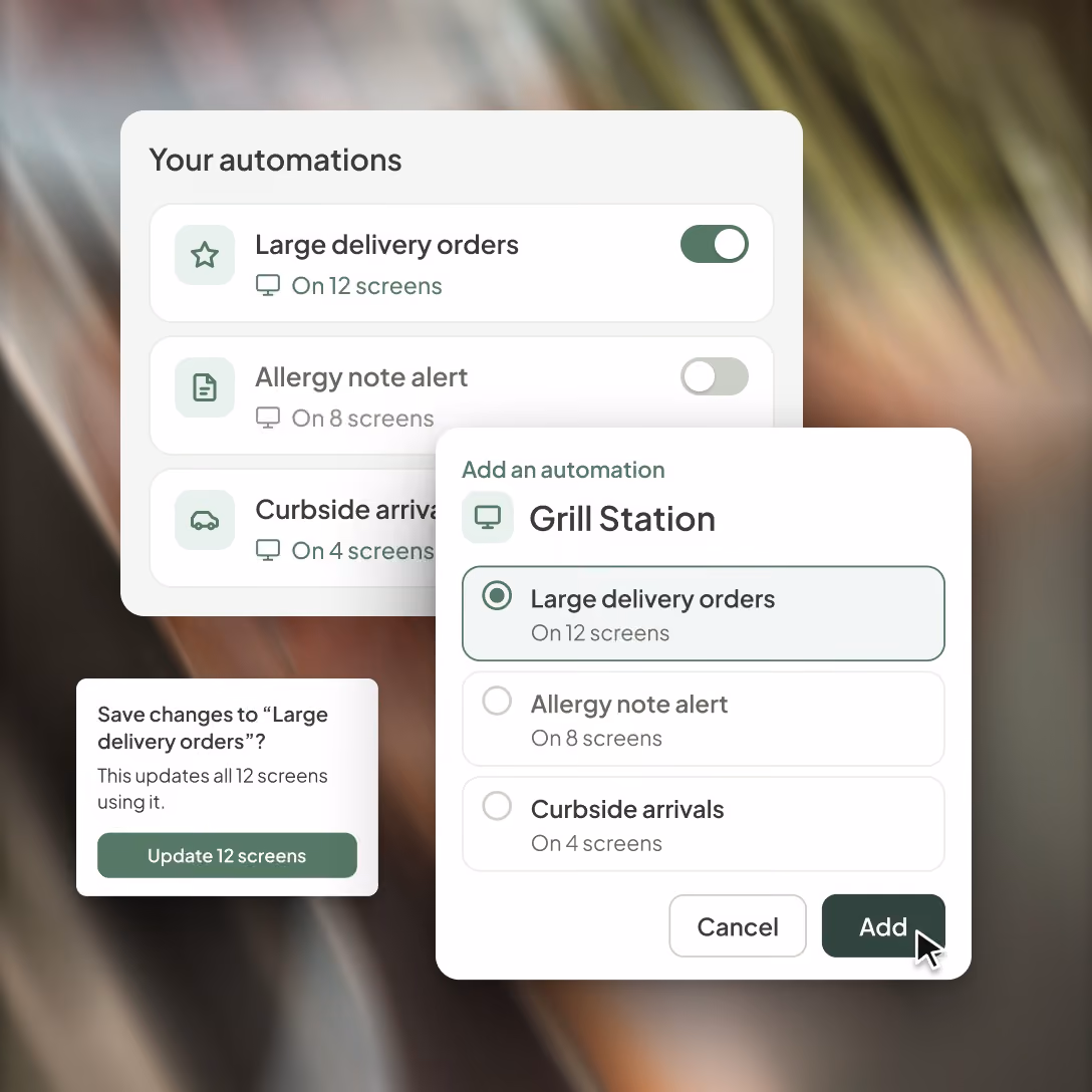 Managing automations in Fresh KDS: a library with on and off switches, a prompt showing a change will update 12 screens, and Large delivery orders being added to the Grill Station screen
