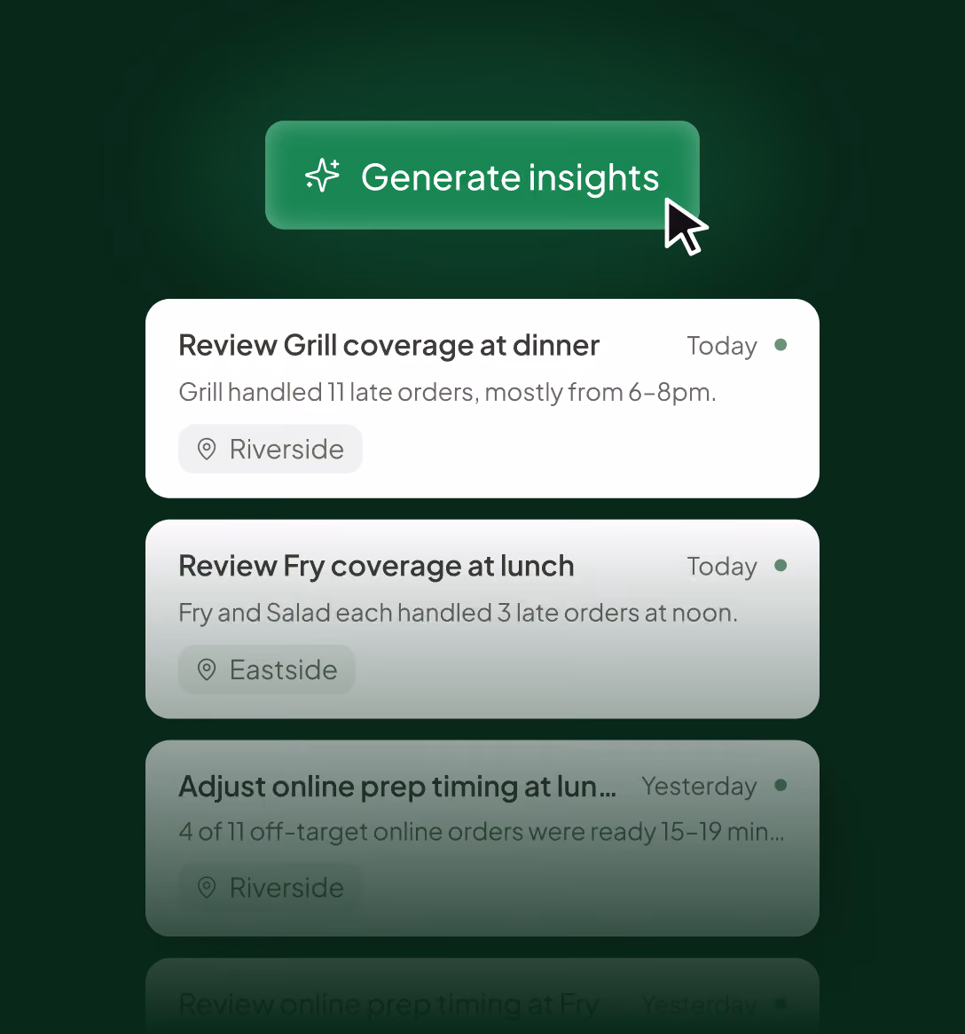 A list of Insights recommendations for different locations, such as adding a cook to Grill from 6 to 8pm and using Auto Hold for online orders