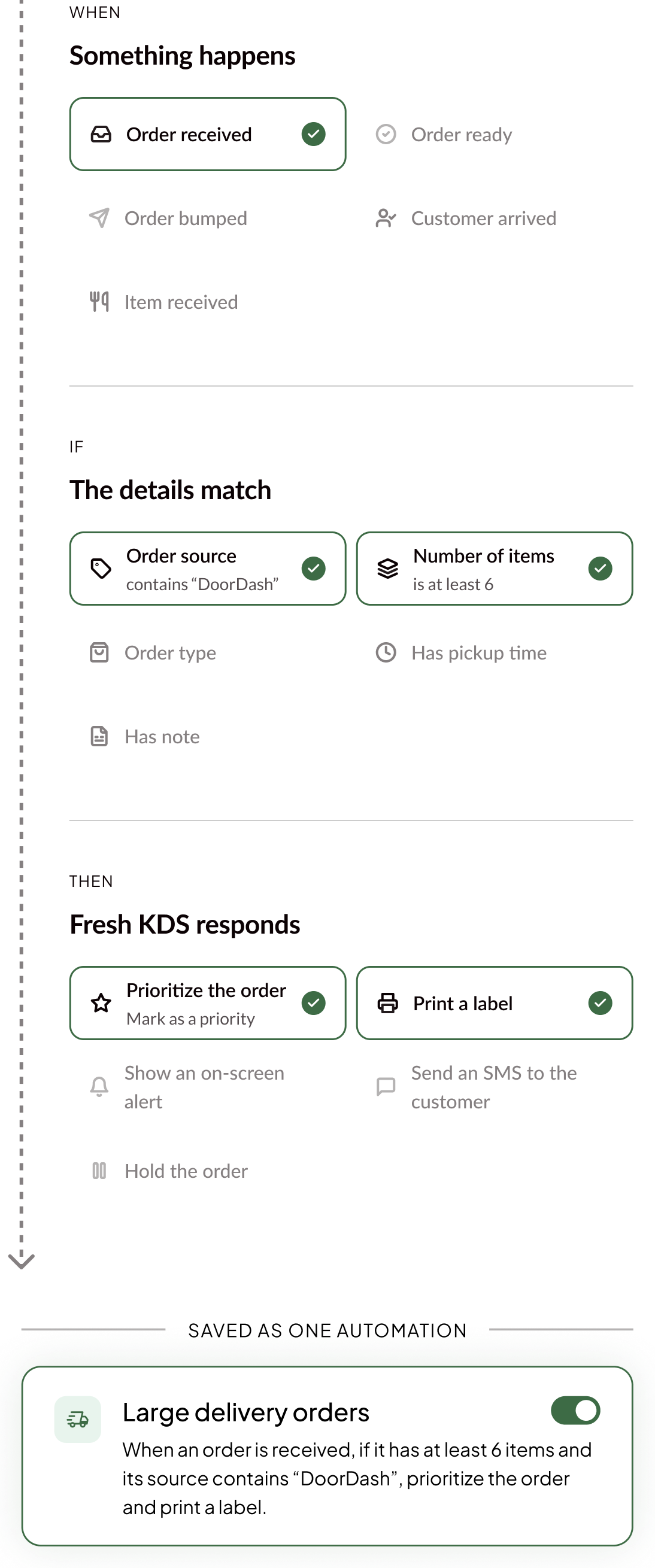 Building a custom automation: when an order is received, if its source contains DoorDash and it has at least 6 items, prioritize the order and print a label, saved as Large delivery orders