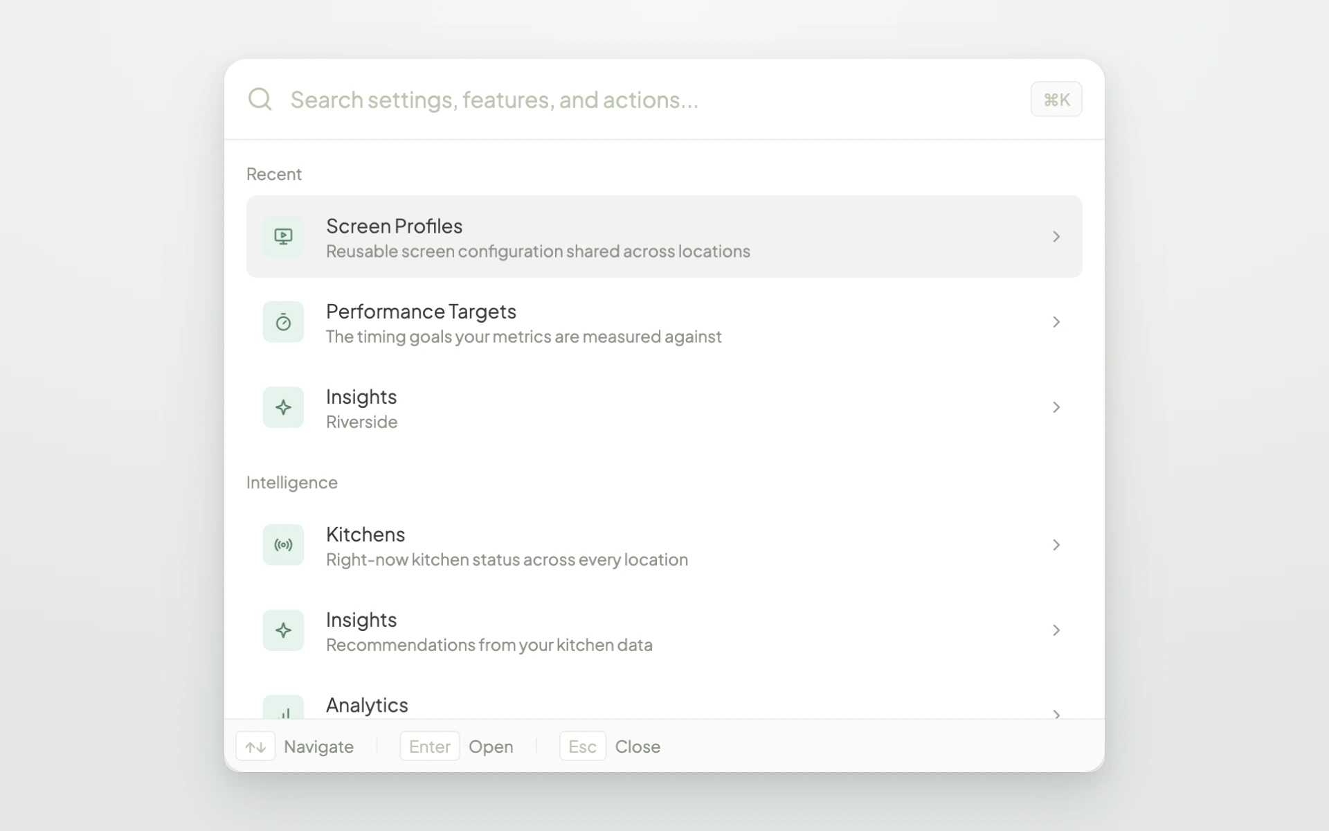 Fresh KDS web app search window for jumping to any report, setting, or location.