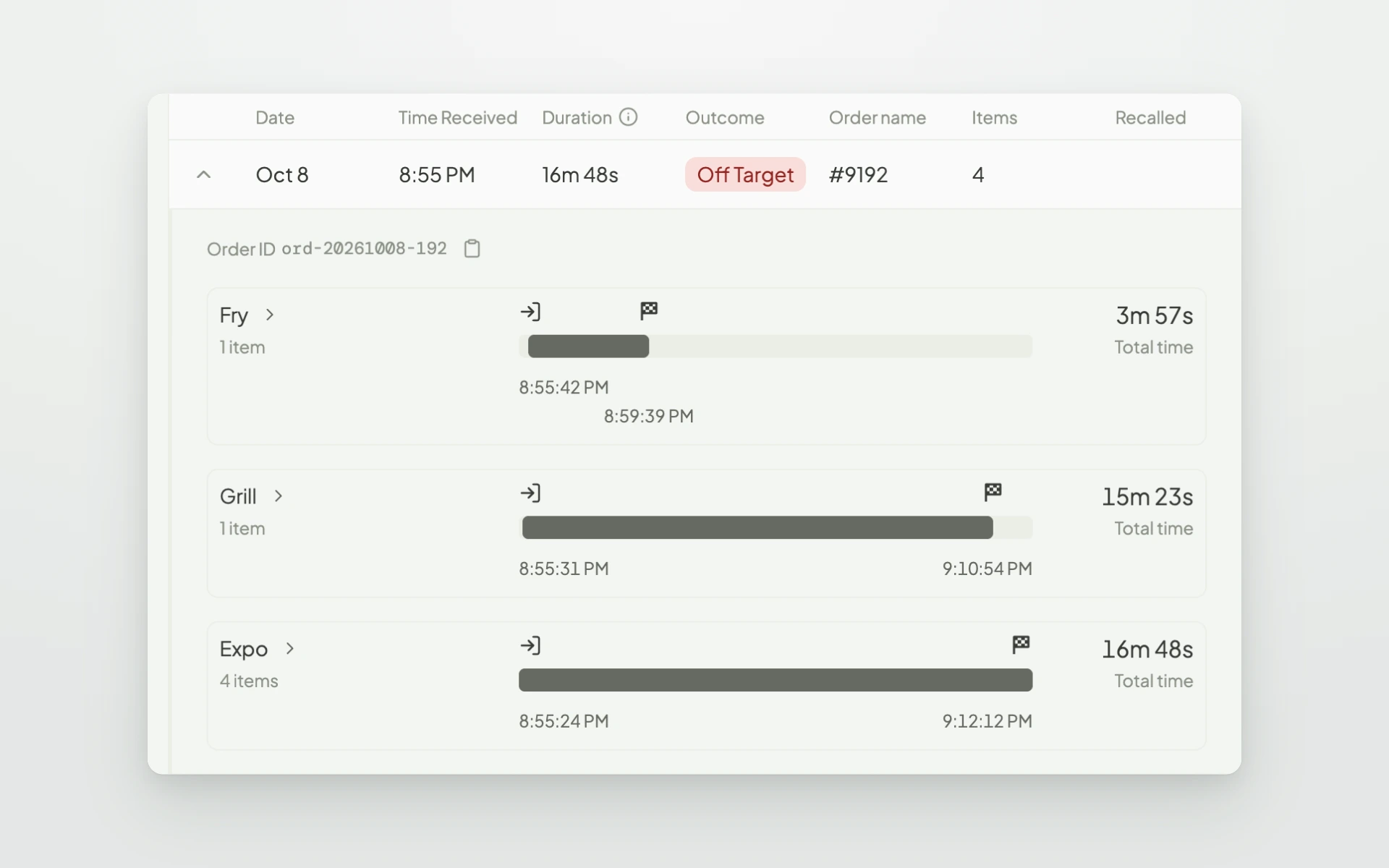 Fresh KDS web app Orders view with an order expanded to show how long it spent at the fry, grill, and expo screens.