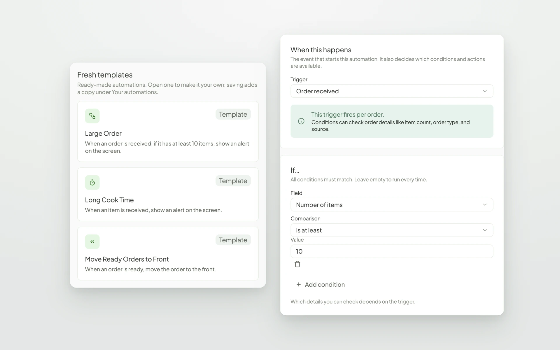 Fresh KDS web app Automations templates next to the automation builder, showing a trigger and a condition.