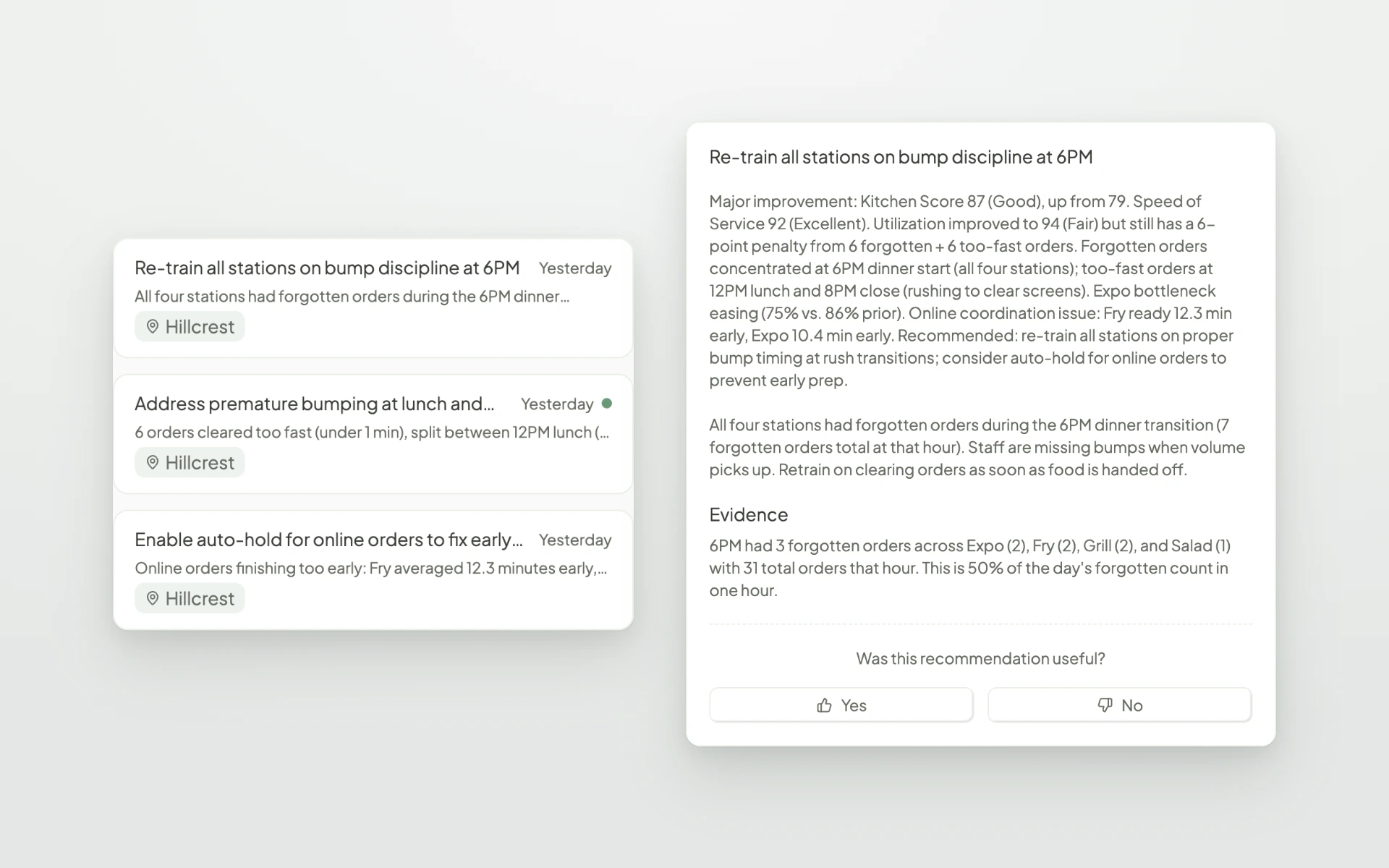 Fresh KDS web app Insights showing a list of recommendations next to one opened in detail, with its evidence and a feedback prompt.