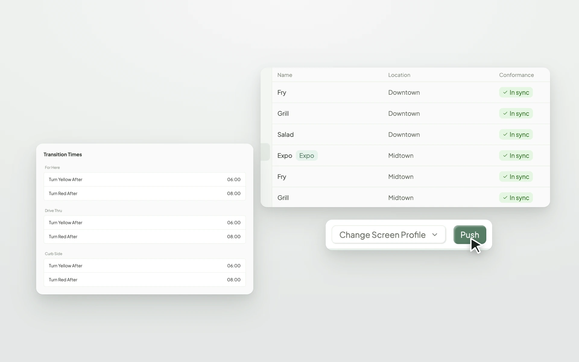 Fresh KDS web app ticket color timing settings, the Push button that sends them to the kitchen, and a list of screens in sync.