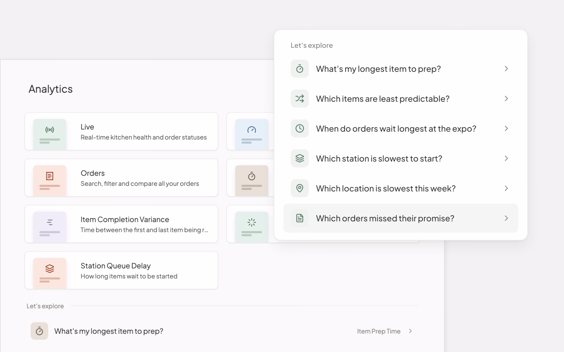 Fresh KDS web app Analytics page with report tiles and questions like which orders missed their promise.