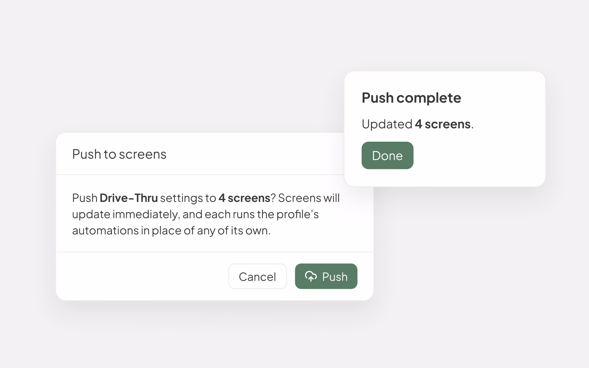 Aplicación web de Fresh KDS con el cuadro Push to screens del perfil Drive-Thru y el mensaje Push complete que indica cuántas pantallas se actualizaron.