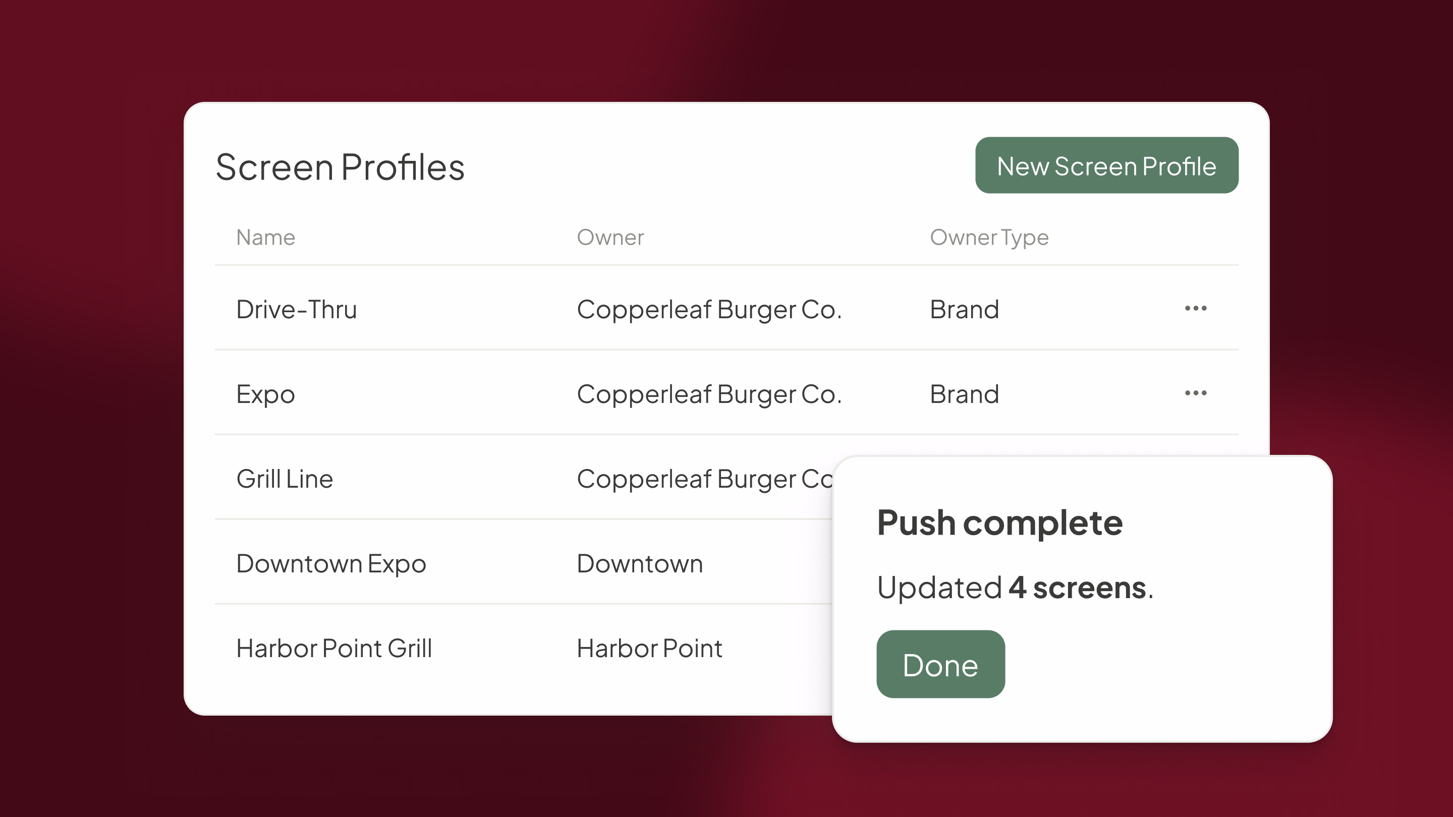 Aplicación web de Fresh KDS con la lista de Screen Profiles de marca, grupo y local, y el mensaje Push complete que indica cuántas pantallas se actualizaron.