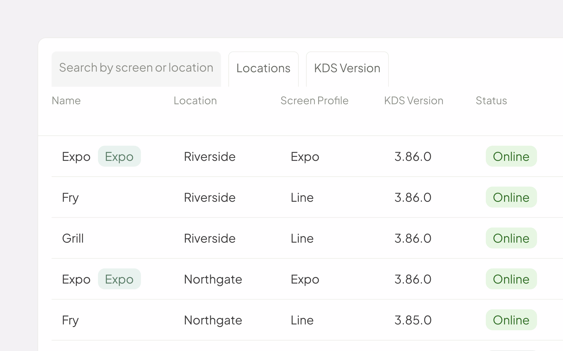 Fresh KDS web app Screens list showing screen names, locations, screen profiles, KDS versions, and online status.