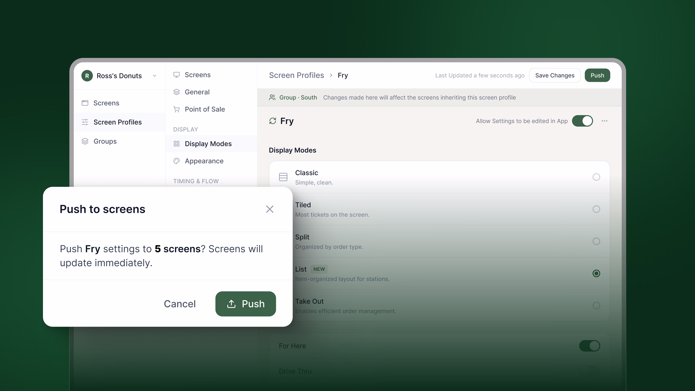 Fresh KDS web app screen settings with the Push to screens window open.