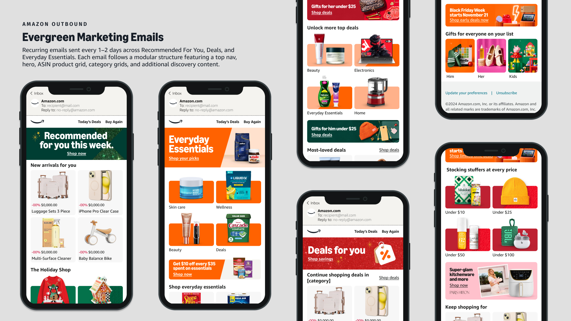 Black Friday & Cyber Monday. Gateway: Amazon.com homepage, featuring the gateway hero, mobile dashboard cards, category cards, and quad cards, all directing users to specific areas of the Holiday landing page.