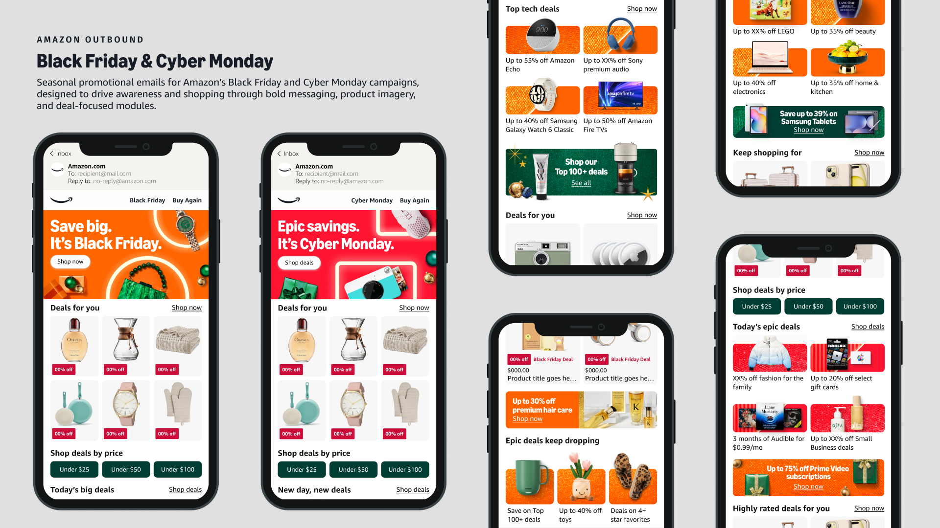 Black Friday & Cyber Monday. Gateway: Amazon.com homepage, featuring the gateway hero, mobile dashboard cards, category cards, and quad cards, all directing users to specific areas of the Holiday landing page.