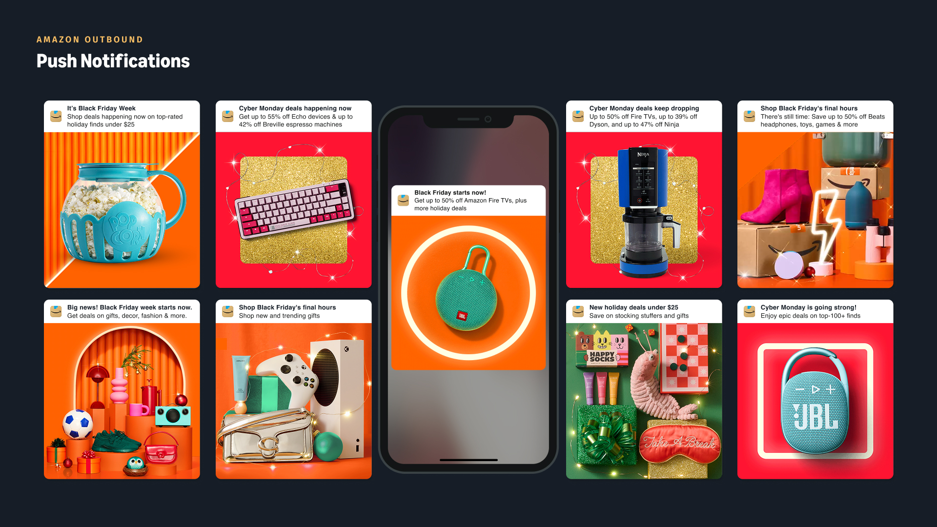 Black Friday & Cyber Monday. Gateway: Amazon.com homepage, featuring the gateway hero, mobile dashboard cards, category cards, and quad cards, all directing users to specific areas of the Holiday landing page.