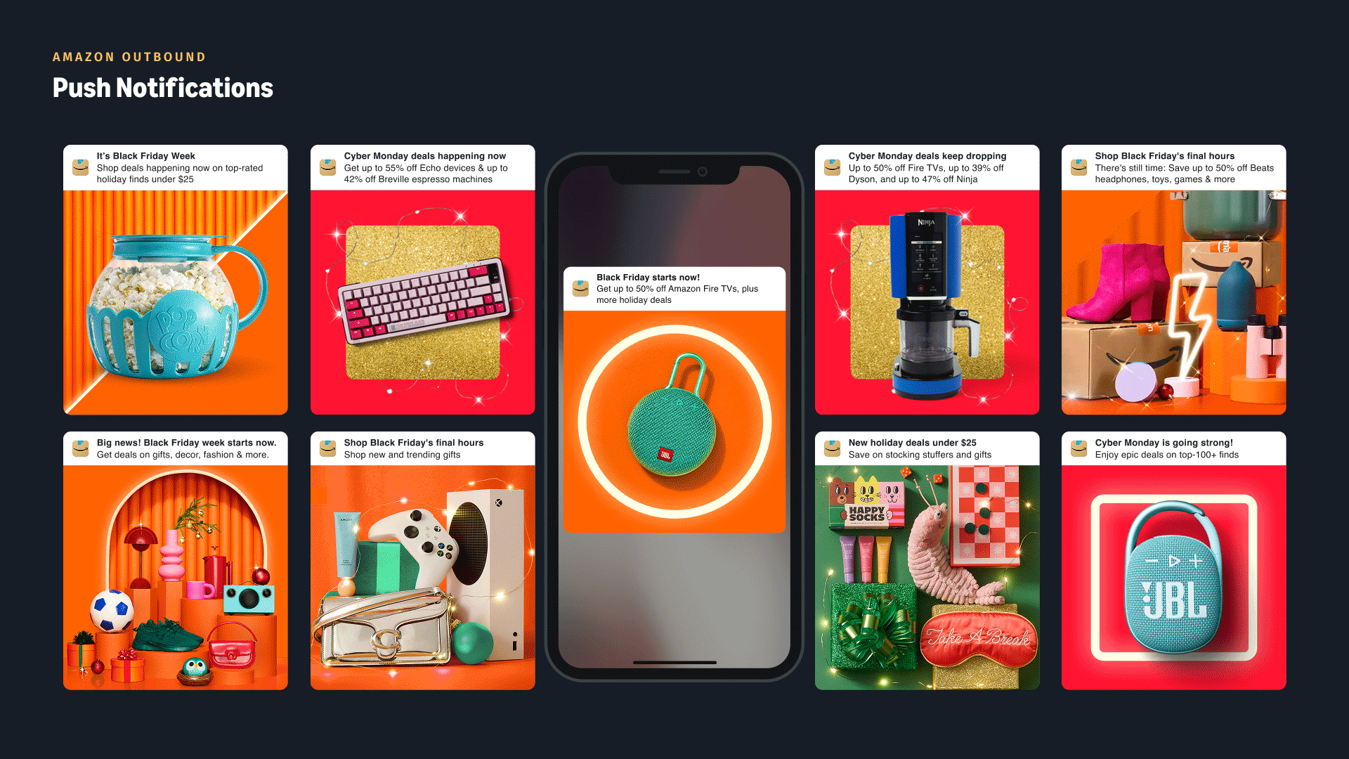 Black Friday & Cyber Monday. Gateway: Amazon.com homepage, featuring the gateway hero, mobile dashboard cards, category cards, and quad cards, all directing users to specific areas of the Holiday landing page.