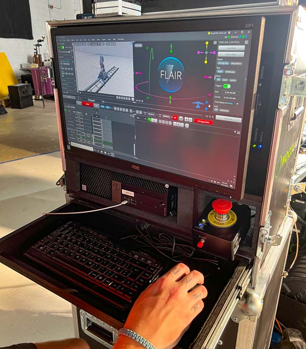 Motion control programming interface for Bolt robotic camera system running Flair software — precision-engineered tabletop video production workflow by Big River Film Co. for high-speed food and beverage cinematography.