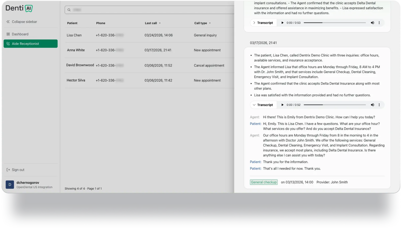 Denti.AI Aide Receptionist Interface