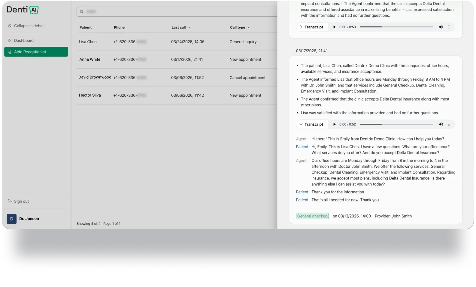 Denti.AI Aide Receptionist Interface