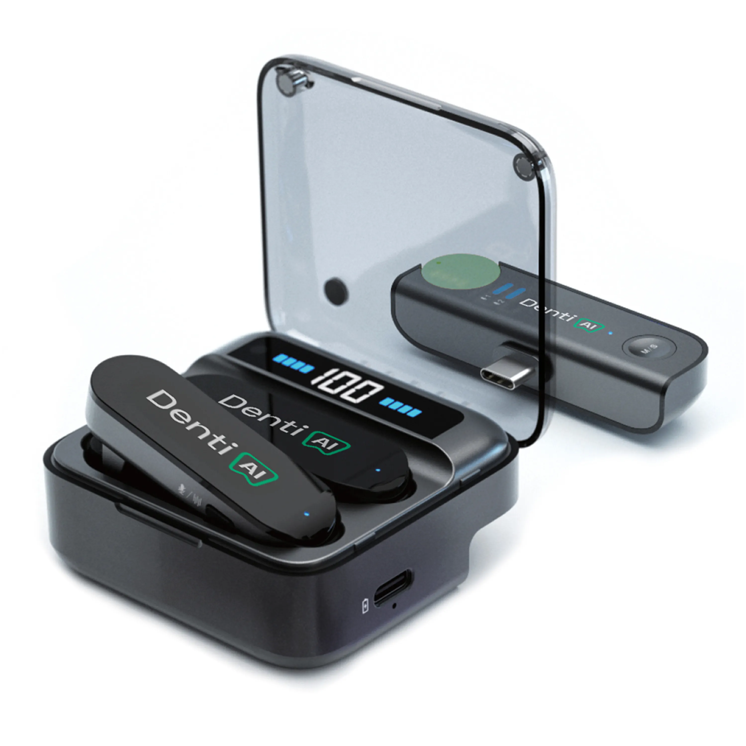 Denti.AI Mic wireless microphone with charging case and USB-C receiver