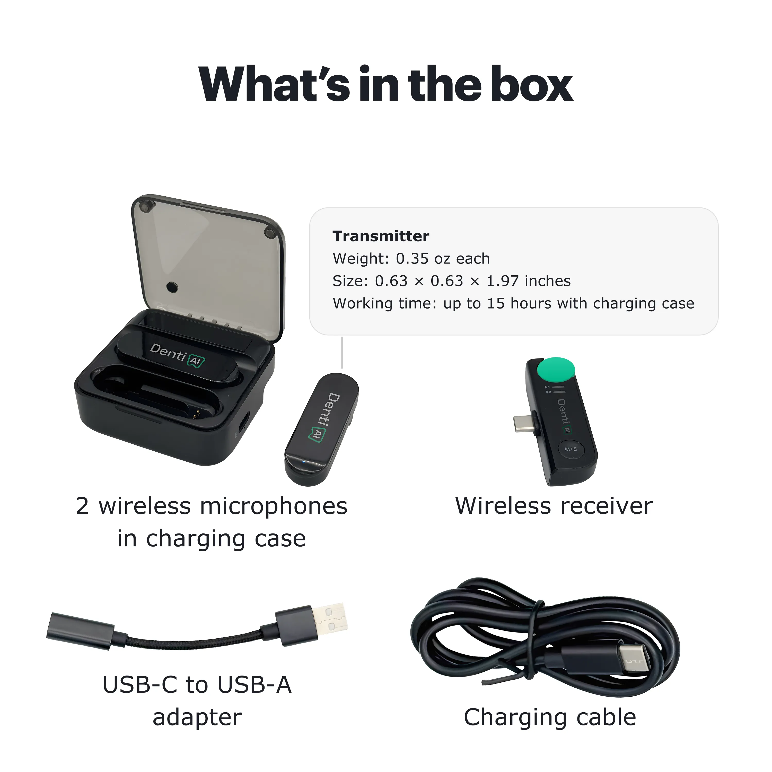 What's in the box: two wireless mics, charging case, receiver, adapter, and cable