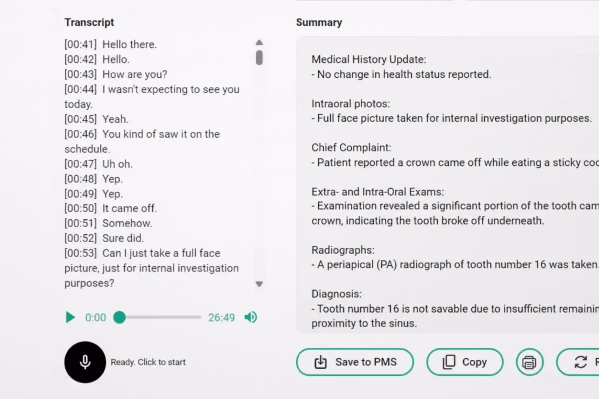 Denti.AI Scribe turning the visit conversation into a complete clinical note.
