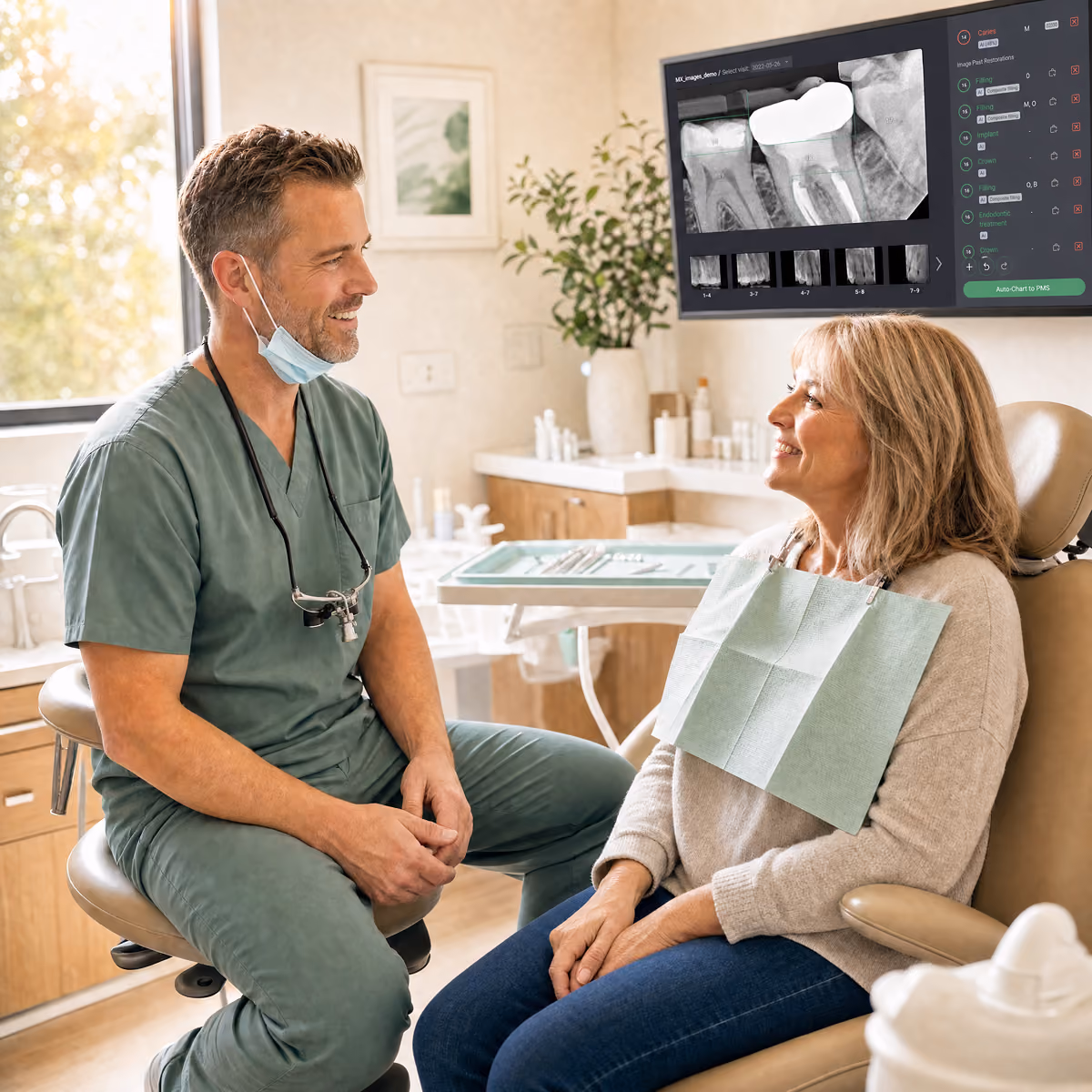 A dentist talking with a smiling patient in the chair, screen turned toward them.