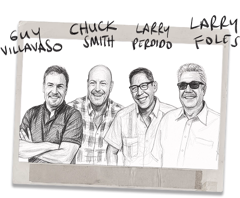 Black and white sketch of four smiling men standing close together.