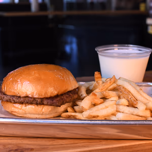 Kids burger with fries.