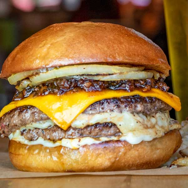 Bacon jam double cheese burger.