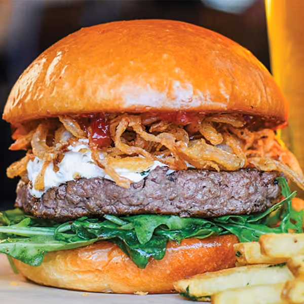 100% Grass-Fed Pasture Raised Bison, Cherry & Fig Honey Jam, Crispy Onions, Goat Cheese & Dressed Arugula.