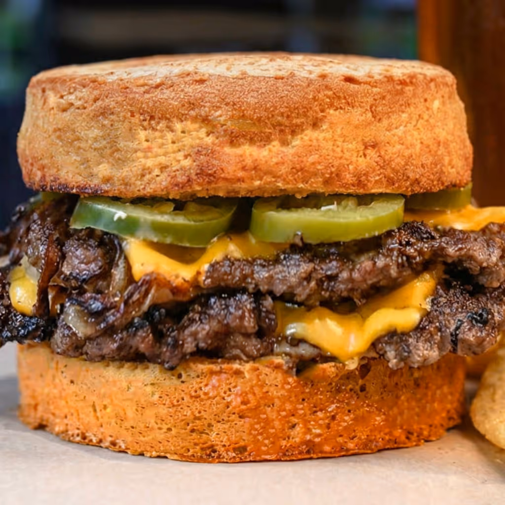 Double Wagyu beef smash patties stacked with american cheese, shaved onions, pickled jalapeños, & HD secret sauce