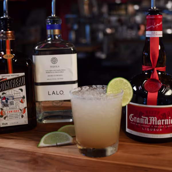 Lalo Blanco Tequila, Cointreau Orange Liqueur, fresh lime juice & agave shaken over ice, served with salted rim & float of Grand Marnier
