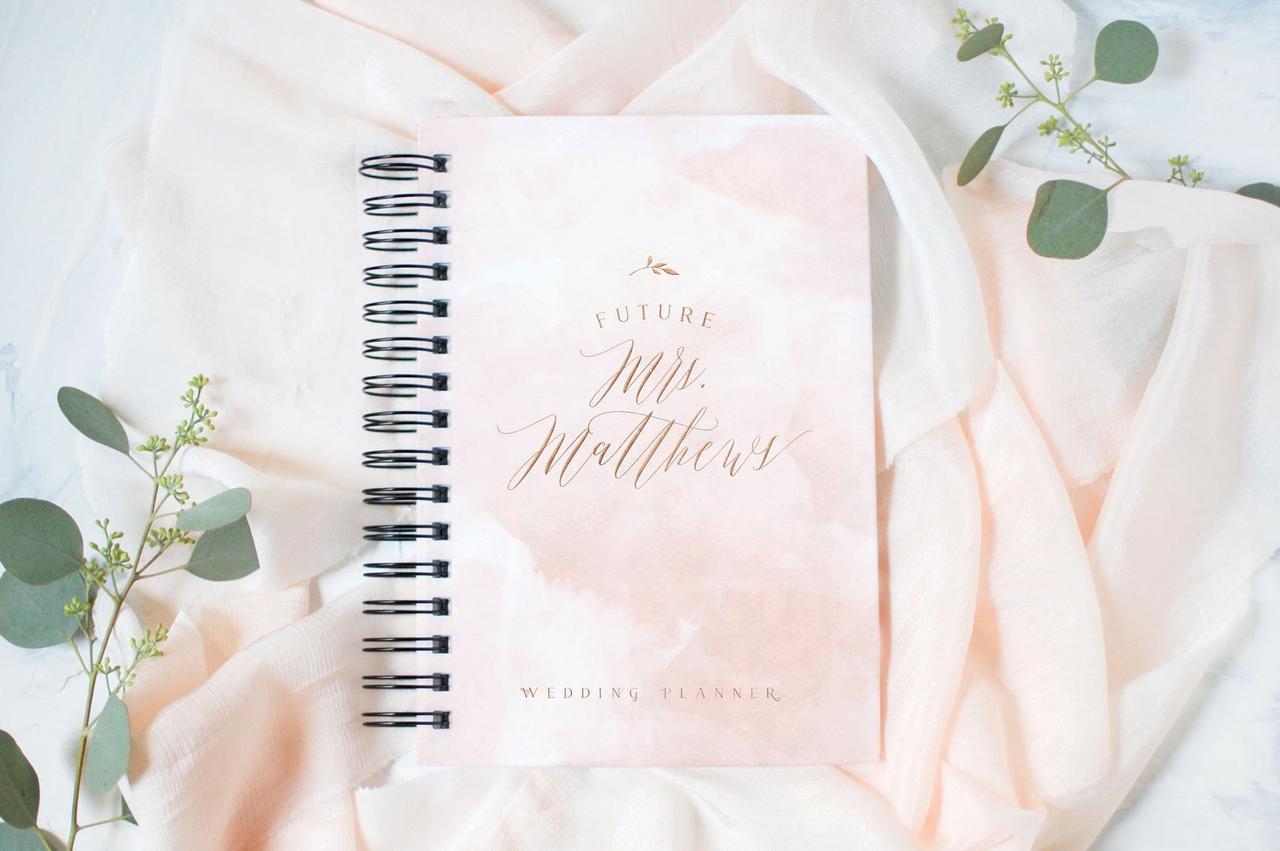 etsy bgregory design light pink watercolor custom wedding planner book with spiral and gold lettering