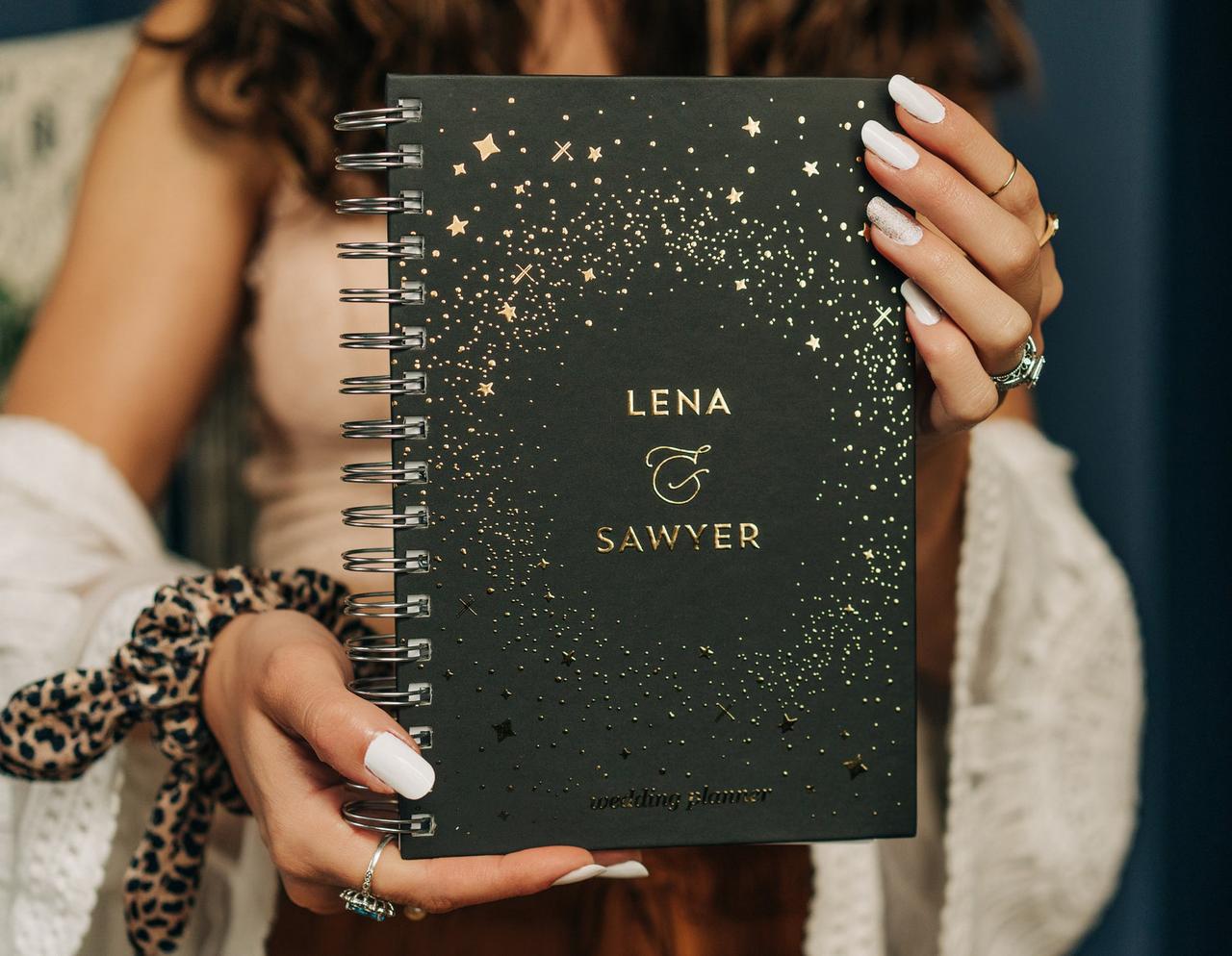 etsy paper peach shop black celestial wedding planner book with sparkles spiral and gold lettering