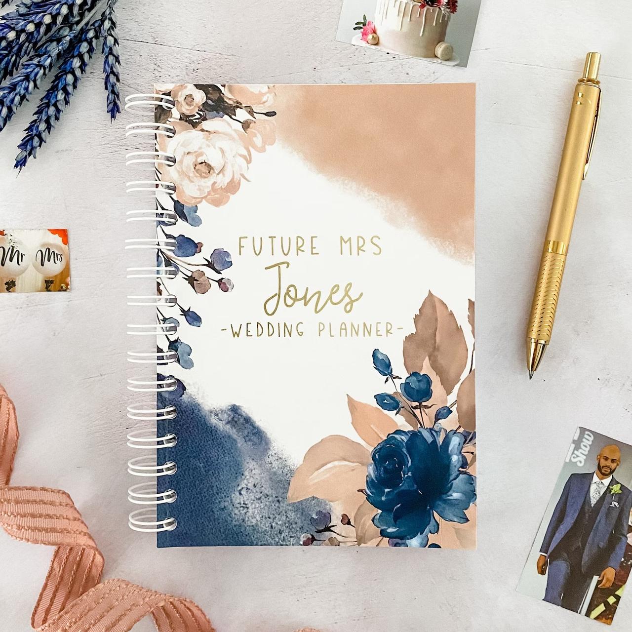 etsy hem studios light pink white and blue wedding planner book with floral watercolors and gold lettering