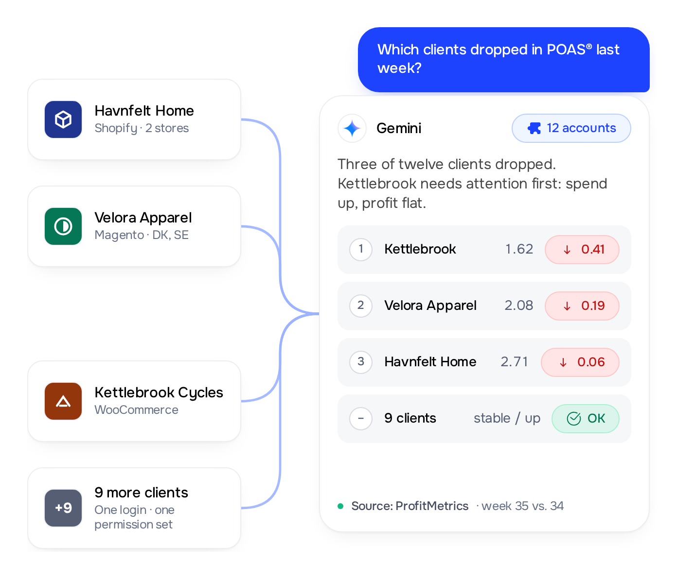 Gemini ranking agency client accounts by POAS® change using ProfitMetrics data