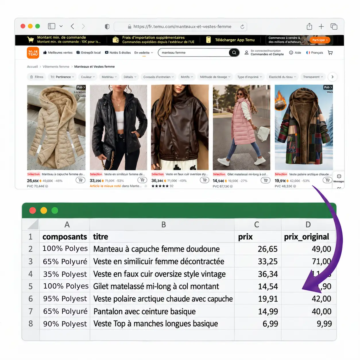 Résultats d'une recherche Shein sur un navigateur web et exctraction de données sur un fichier Excel